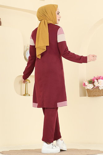 moda selvim Garni Detaylı İki İplik Takım 2794SL432 Açık Bordo&Pudra - Thumbnail