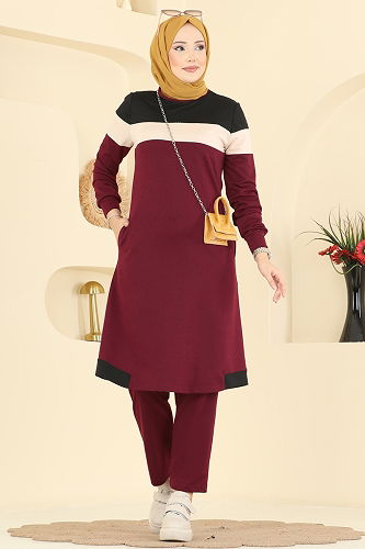 moda selvim Garni Detaylı İki İplik Takım 2794SL432 Bordo&Siyah - Thumbnail