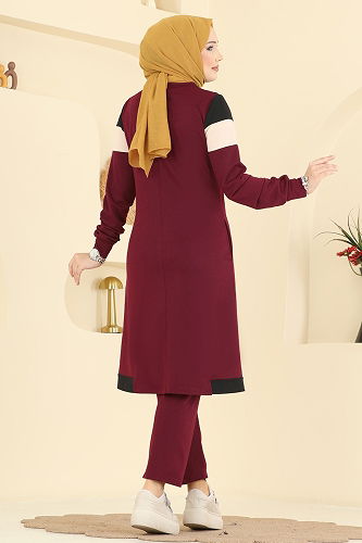 moda selvim Garni Detaylı İki İplik Takım 2794SL432 Bordo&Siyah - Thumbnail