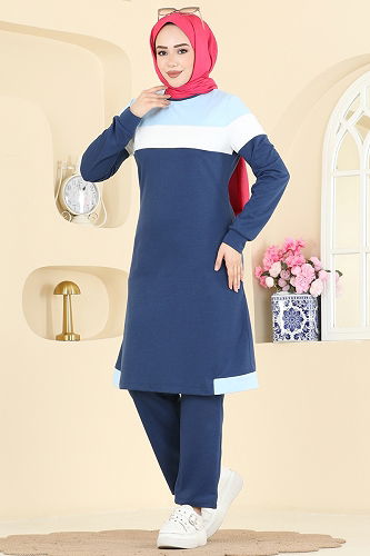 moda selvim Garni Detaylı İki İplik Takım 2794SL432 İndigo&Bebe Mavi - Thumbnail