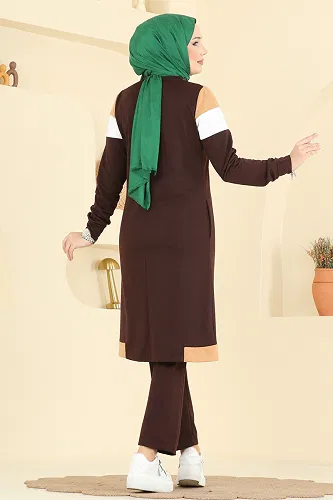 moda selvim Garni Detaylı İki İplik Takım 2794SL432 Kahve&Latte - Thumbnail