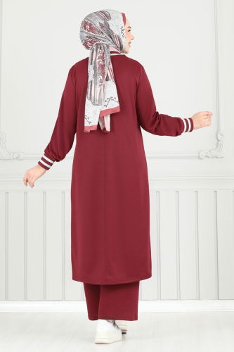 moda selvim Garni Simli Tesettür Takım PL9148 Bordo - Thumbnail
