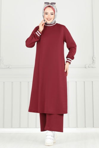moda selvim Garni Simli Tesettür Takım PL9148 Bordo - Thumbnail