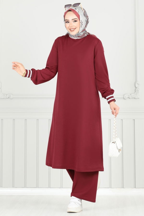 Modaselvim Kombin Garni Simli Tesettür Takım PL9148 Bordo