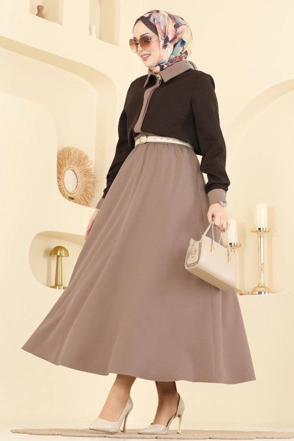 Modaselvim Kombin Garnili 2 li Etekli Takım 2852SLK540 Acı Kahve&Vizyon