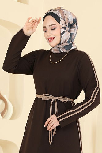 moda selvim Garnili Dabıl Elbise 2781SL432 Acı Kahve - Thumbnail