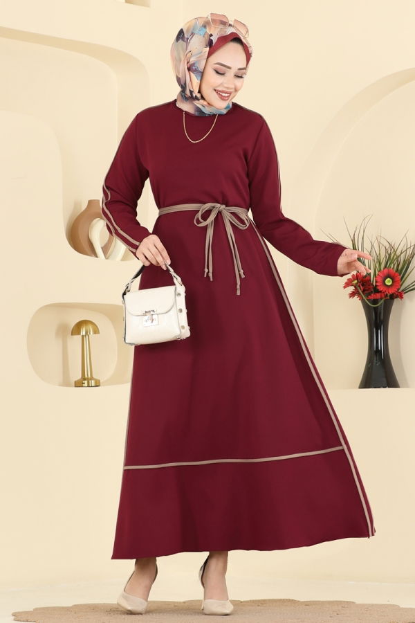 Modaselvim %30+%10 İNDİRİM Garnili Dabıl Elbise 2781SL432 Bordo