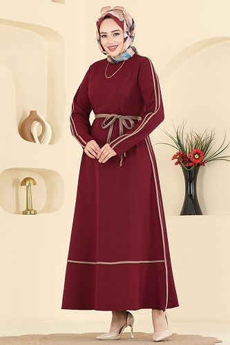 moda selvim Garnili Dabıl Elbise 2781SL432 Bordo - Thumbnail