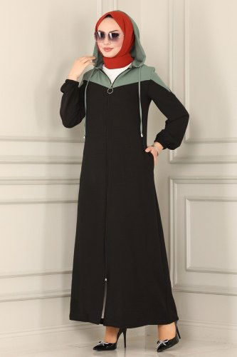 moda selvim Garnili Mevsimlik Ferace PL8084 Mint&Siyah - Thumbnail