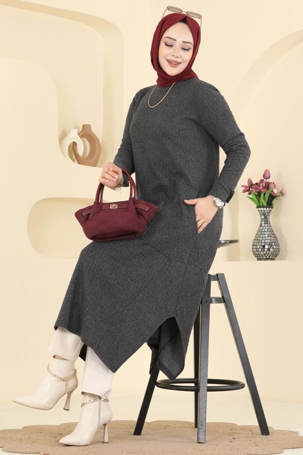 Modaselvim Tunik Geniş Cepli Balıksırtı Tunik 24009UKB139 Antrasit