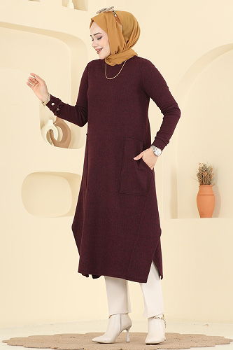 moda selvim Geniş Cepli Balıksırtı Tunik 24009UKB139 Bordo - Thumbnail