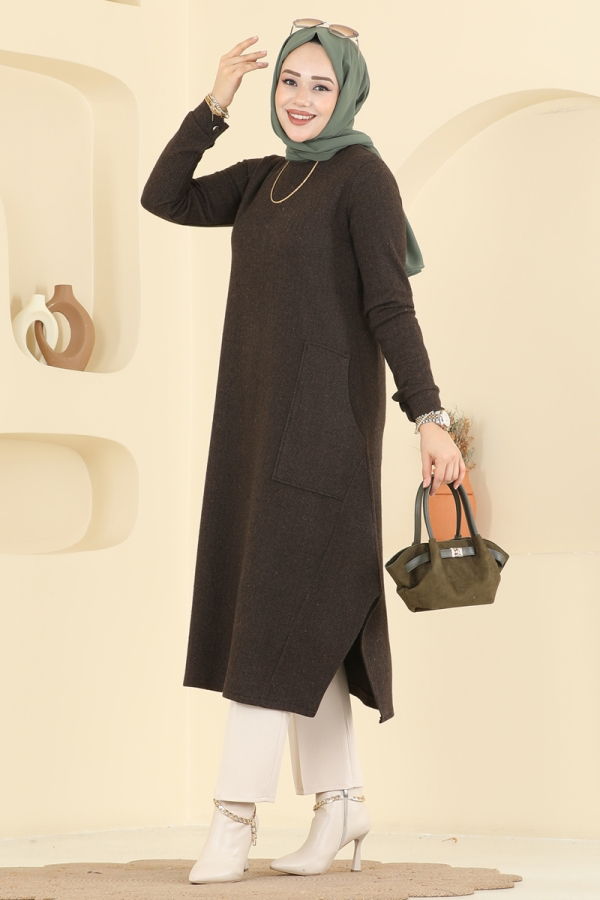 Modaselvim Tunik Geniş Cepli Balıksırtı Tunik 24009UKB139 Kahve