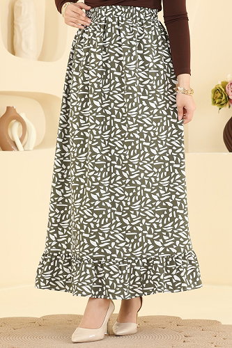 moda selvim Geometrik Desen Jesika Etek 130NZRK1200 Haki - Thumbnail
