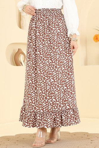 moda selvim Geometrik Desen Jesika Etek 130NZRK1200 Kahve - Thumbnail