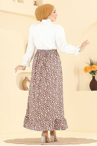 moda selvim Geometrik Desen Jesika Etek 130NZRK1200 Kahve - Thumbnail