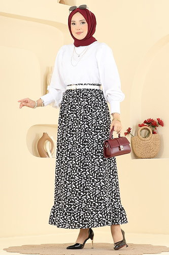 moda selvim Geometrik Desen Jesika Etek 130NZRK1200 Siyah - Thumbnail