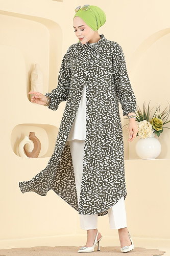 moda selvim Geometrik Desen Uzun Tunik 218NZRK1200 Haki - Thumbnail