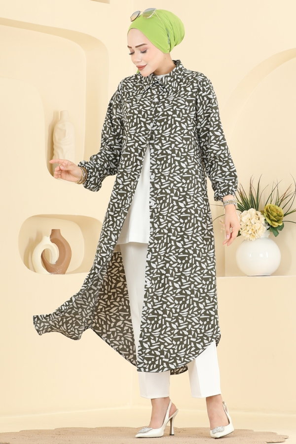 Modaselvim Tunik Geometrik Desen Uzun Tunik 218NZRK1200 Haki