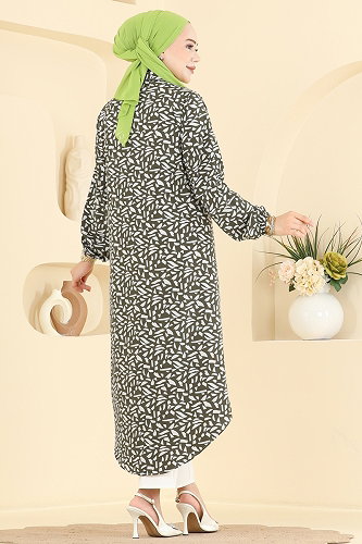 moda selvim Geometrik Desen Uzun Tunik 218NZRK1200 Haki - Thumbnail
