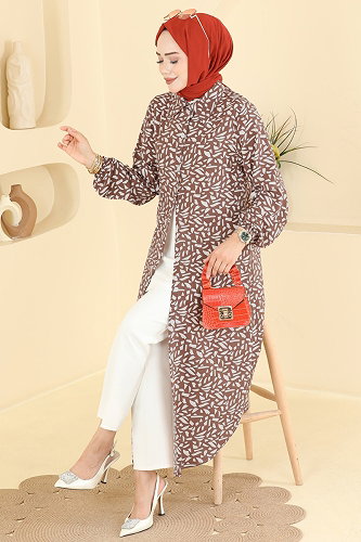moda selvim Geometrik Desen Uzun Tunik 218NZRK1200 Kahve - Thumbnail
