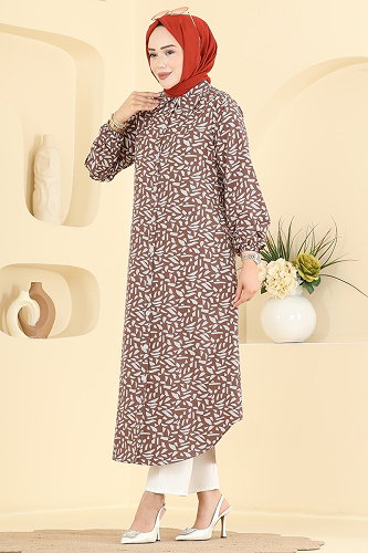 moda selvim Geometrik Desen Uzun Tunik 218NZRK1200 Kahve - Thumbnail