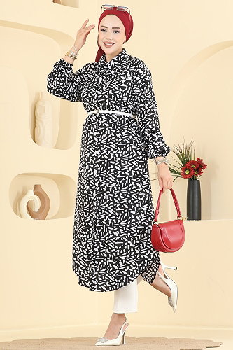 moda selvim Geometrik Desen Uzun Tunik 218NZRK1200 Siyah - Thumbnail