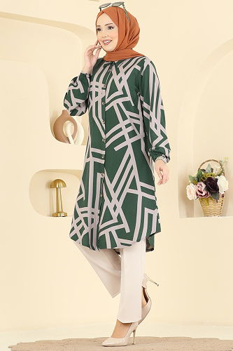 moda selvim Geometrik Desen Viskon Tunik 0173BG354 Haki&Vizyon - Thumbnail