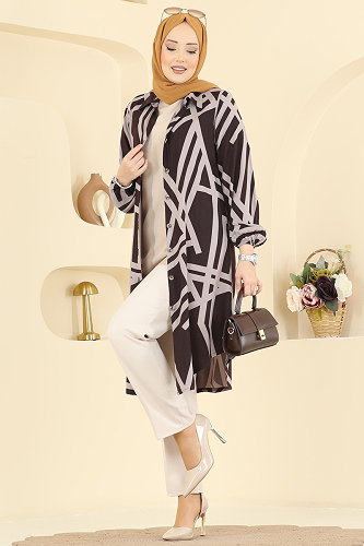 moda selvim Geometrik Desen Viskon Tunik 0173BG354 Kahve&Vizyon - Thumbnail