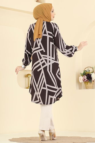 moda selvim Geometrik Desen Viskon Tunik 0173BG354 Kahve&Vizyon - Thumbnail