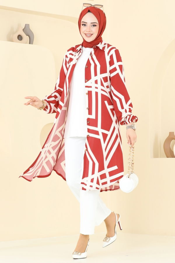 Modaselvim Tunik Geometrik Desen Viskon Tunik 0173BG354 Kırmızı&Ekru