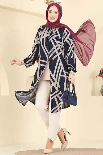 moda selvim Geometrik Desen Viskon Tunik 0173BG354 Laci&Vizyon - Thumbnail