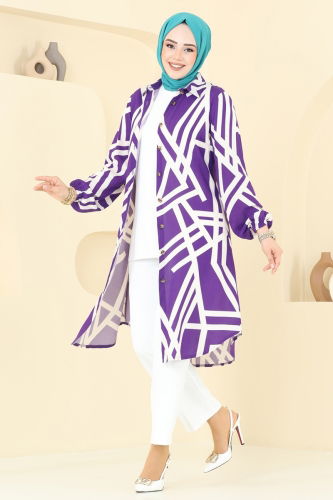 moda selvim Geometrik Desen Viskon Tunik 0173BG354 Lila&Ekru - Thumbnail