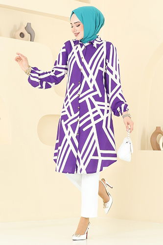moda selvim Geometrik Desen Viskon Tunik 0173BG354 Lila&Ekru - Thumbnail