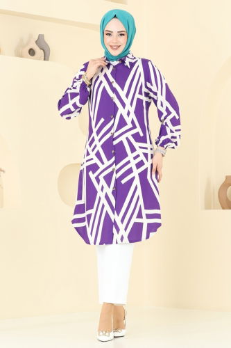 moda selvim Geometrik Desen Viskon Tunik 0173BG354 Lila&Ekru - Thumbnail