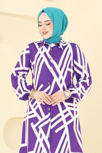 moda selvim Geometrik Desen Viskon Tunik 0173BG354 Lila&Ekru - Thumbnail