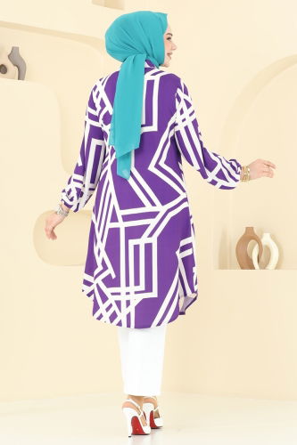 moda selvim Geometrik Desen Viskon Tunik 0173BG354 Lila&Ekru - Thumbnail