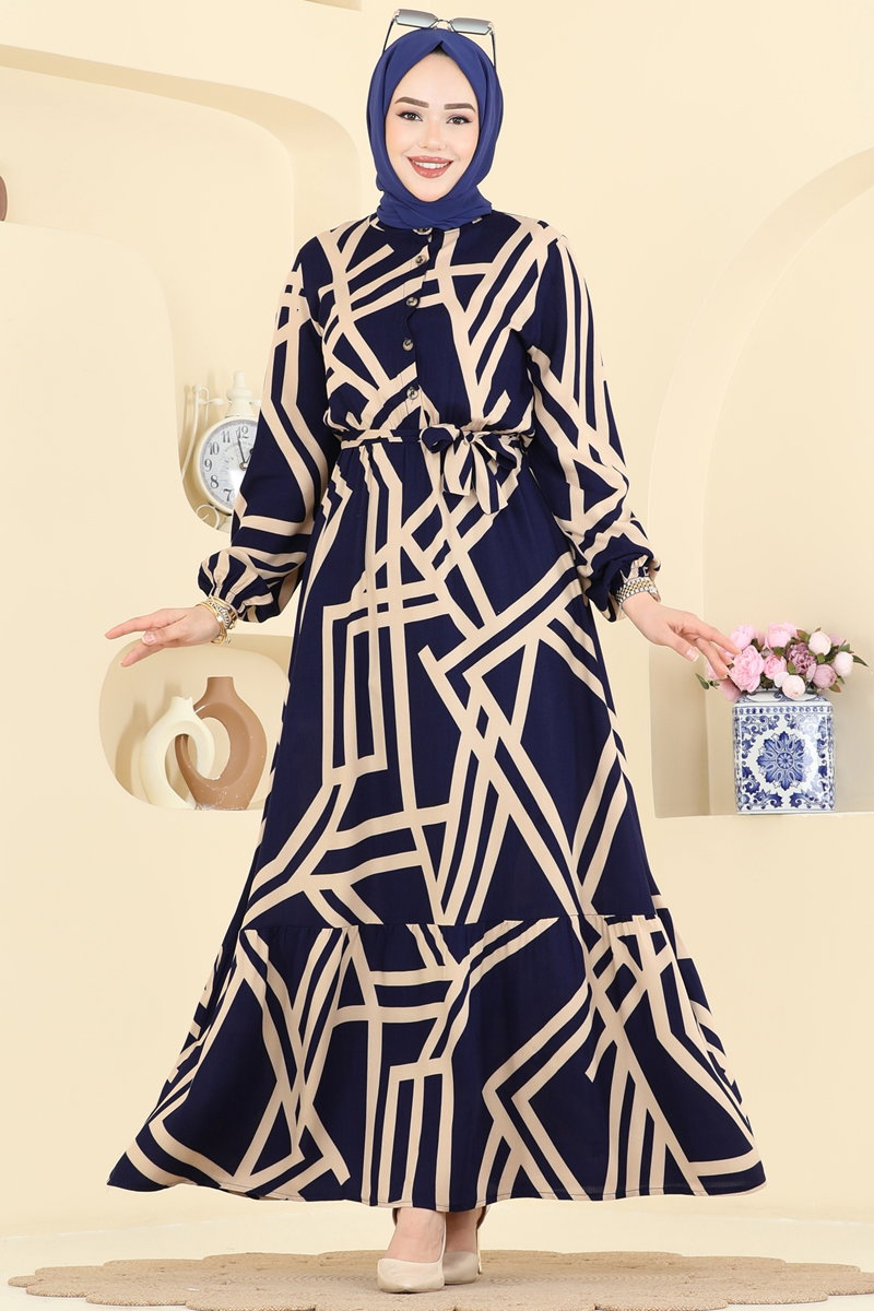 Geometrik Desenli Kuşaklı Elbise 7162BG354 Laci
