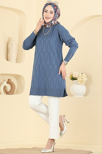 moda selvim Geometrik Desenli Merserize Tunik 3317NVX1208 İndigo - Thumbnail