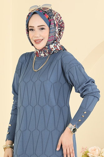 moda selvim Geometrik Desenli Merserize Tunik 3317NVX1208 İndigo - Thumbnail