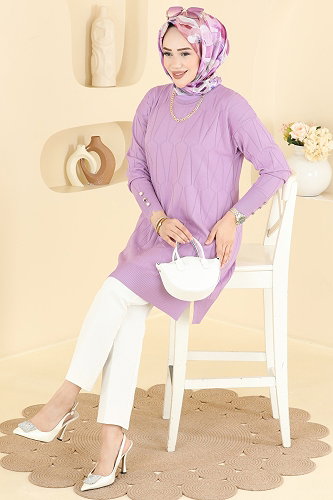 moda selvim Geometrik Desenli Merserize Tunik 3317NVX1208 Lila - Thumbnail