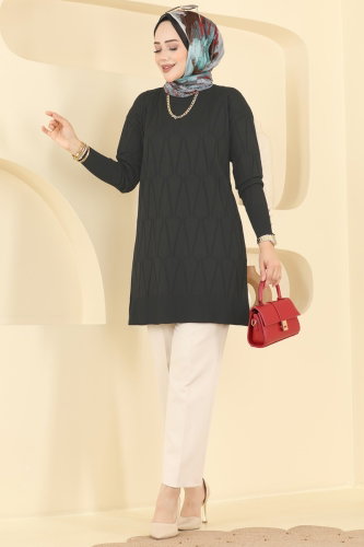 N.V.X. - Geometrik Desenli Merserize Tunik 3317NVX1208 Siyah