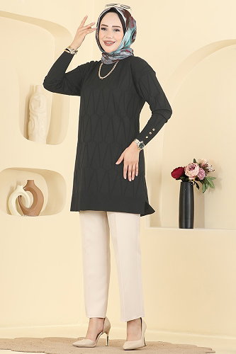 moda selvim Geometrik Desenli Merserize Tunik 3317NVX1208 Siyah - Thumbnail