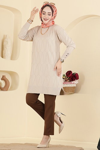 moda selvim Geometrik Desenli Merserize Tunik 3317NVX1208 Taş - Thumbnail
