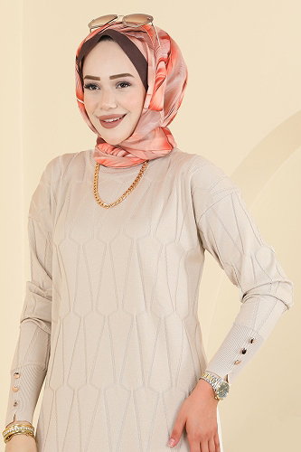 moda selvim Geometrik Desenli Merserize Tunik 3317NVX1208 Taş - Thumbnail