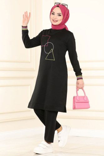 A.S.Y. - Geometrik Desenli Spor Takım 9999ASY563 Siyah