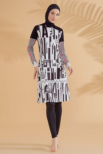 moda selvim Geometrik Desenli Tam Kapalı Mayo 2302MRNK1139 Siyah - Thumbnail