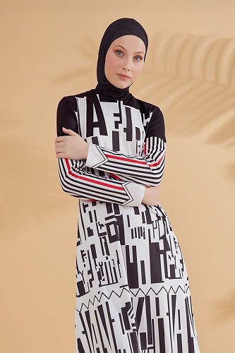 moda selvim Geometrik Desenli Tam Kapalı Mayo 2302MRNK1139 Siyah - Thumbnail