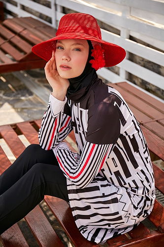 moda selvim Geometrik Desenli Tam Kapalı Mayo 2302MRNK1139 Siyah - Thumbnail