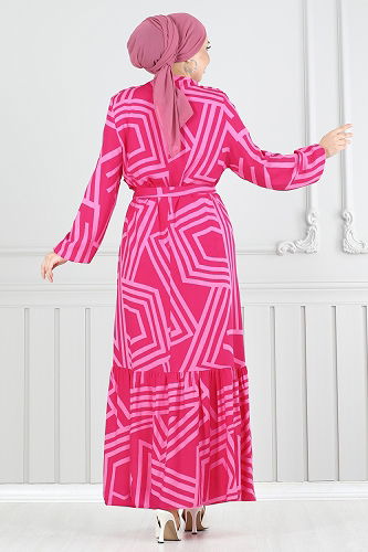 moda selvim Geometrik Desenli Viskon Elbise 811OZN1046 Fuşya - Thumbnail