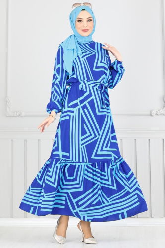moda selvim Geometrik Desenli Viskon Elbise 811OZN1046 Saks - Thumbnail